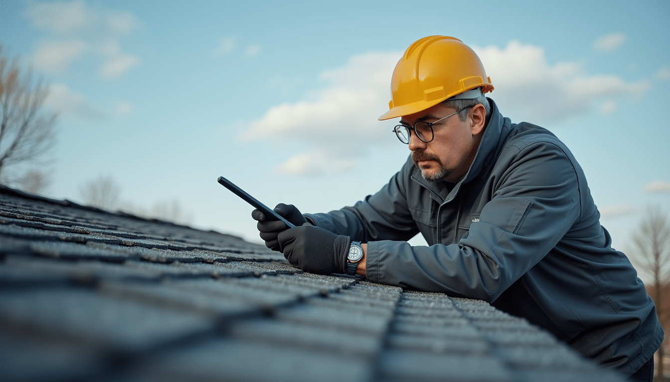 Eye-level view of a professional inspector examining a roof