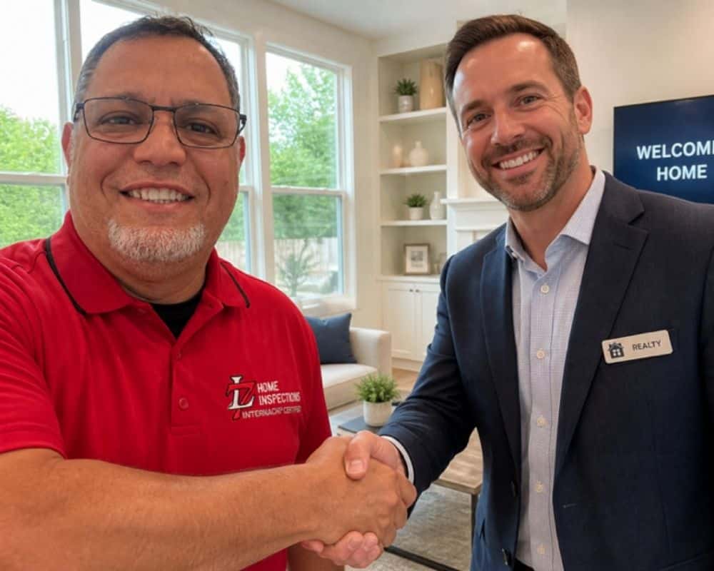 Two men shaking hands, smiling.