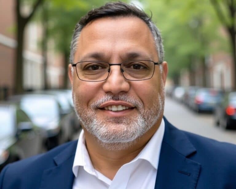 Smiling man in a suit outdoors.